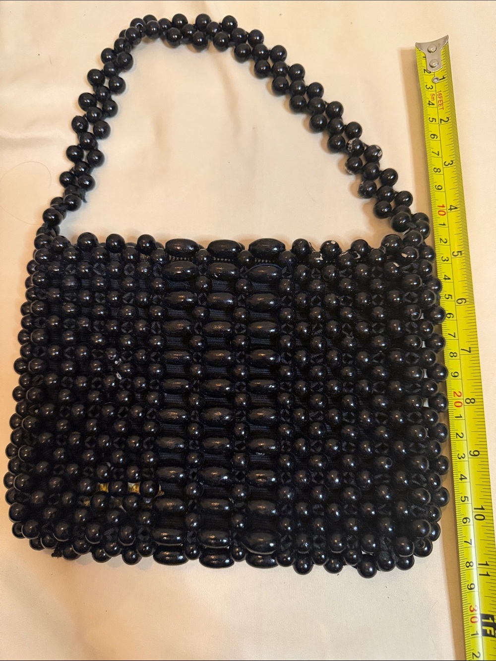 Black Beaded Shoulder Bag with Bead-Handle